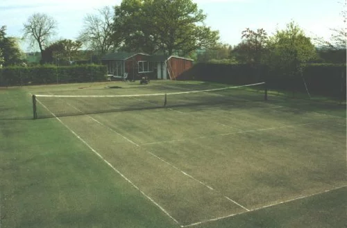 7-8 year old painted macadam court. Most of the paint has worn away to expose to macadam.