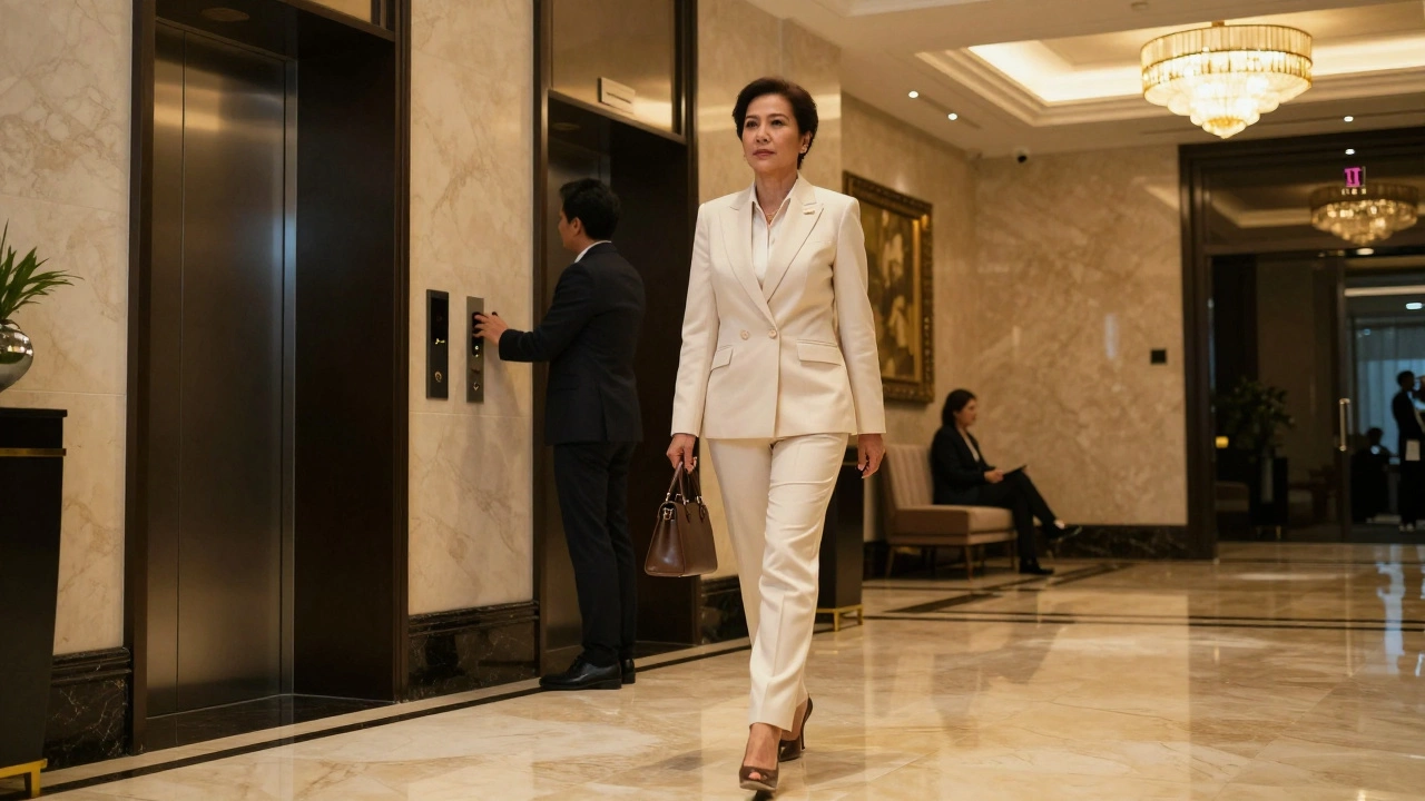 A professional Thai woman in a suit walking through a luxury Dubai hotel lobby.