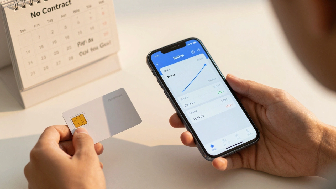 Hand placing prepaid SIM card beside rising phone bill.