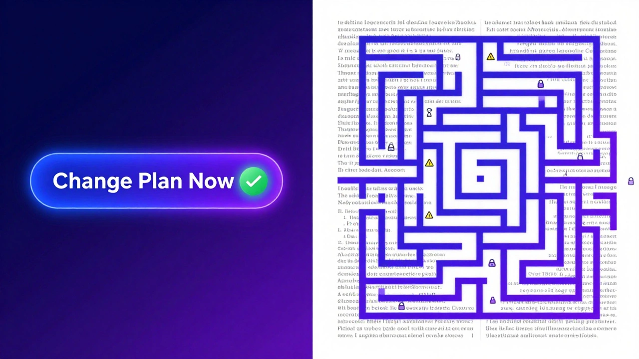 Split-screen of simple change button versus maze of fine print.